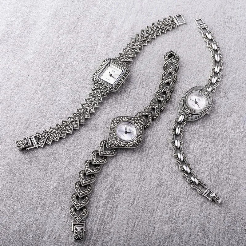 Sterling Silver Marcasite Hearts and Diamond Bracelet Watch