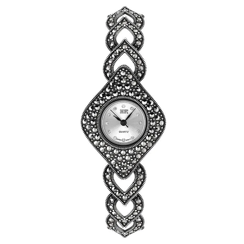 Sterling Silver Marcasite Hearts and Diamond Bracelet Watch