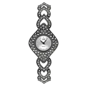 Sterling Silver Marcasite Hearts and Diamond Bracelet Watch