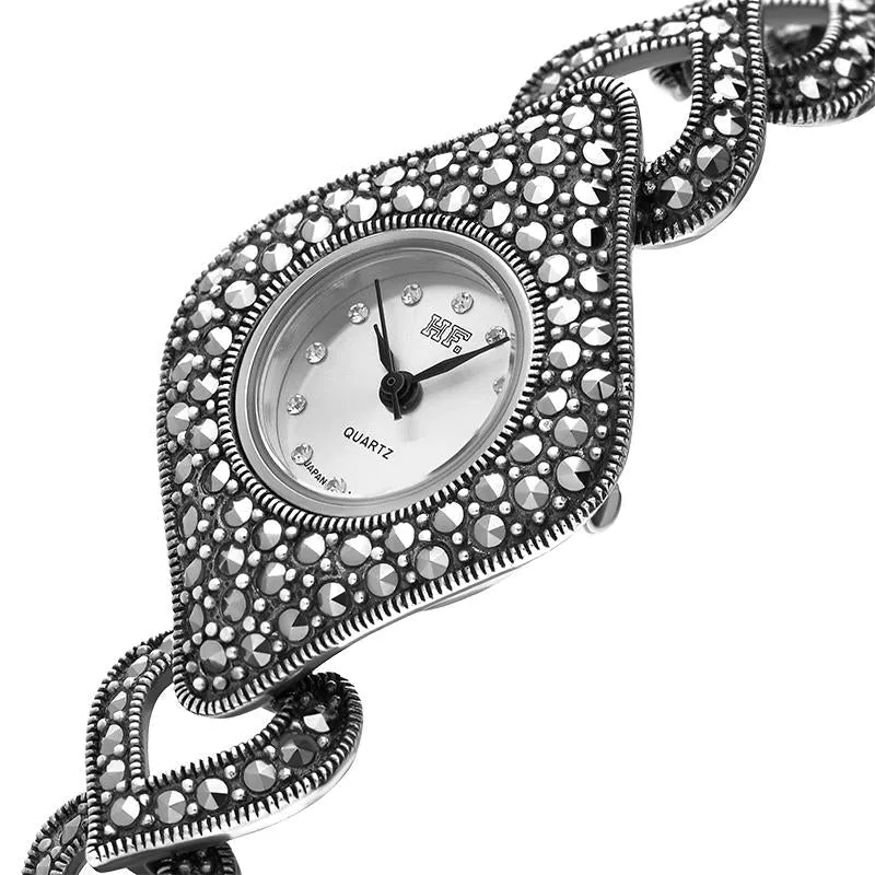 Sterling Silver Marcasite Hearts and Diamond Bracelet Watch