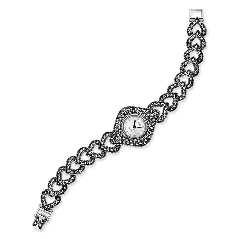 Sterling Silver Marcasite Hearts and Diamond Bracelet Watch