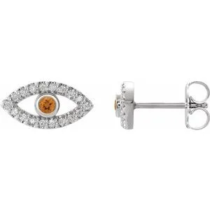 Sterling Silver Natural Citrine & Natural White Sapphire Evil Eye Earrings