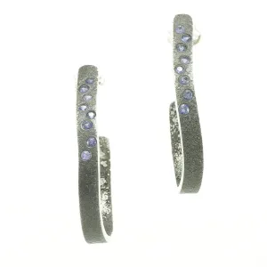 Sterling Silver Organic Hoop Earrings with Flush Set Sapphires
