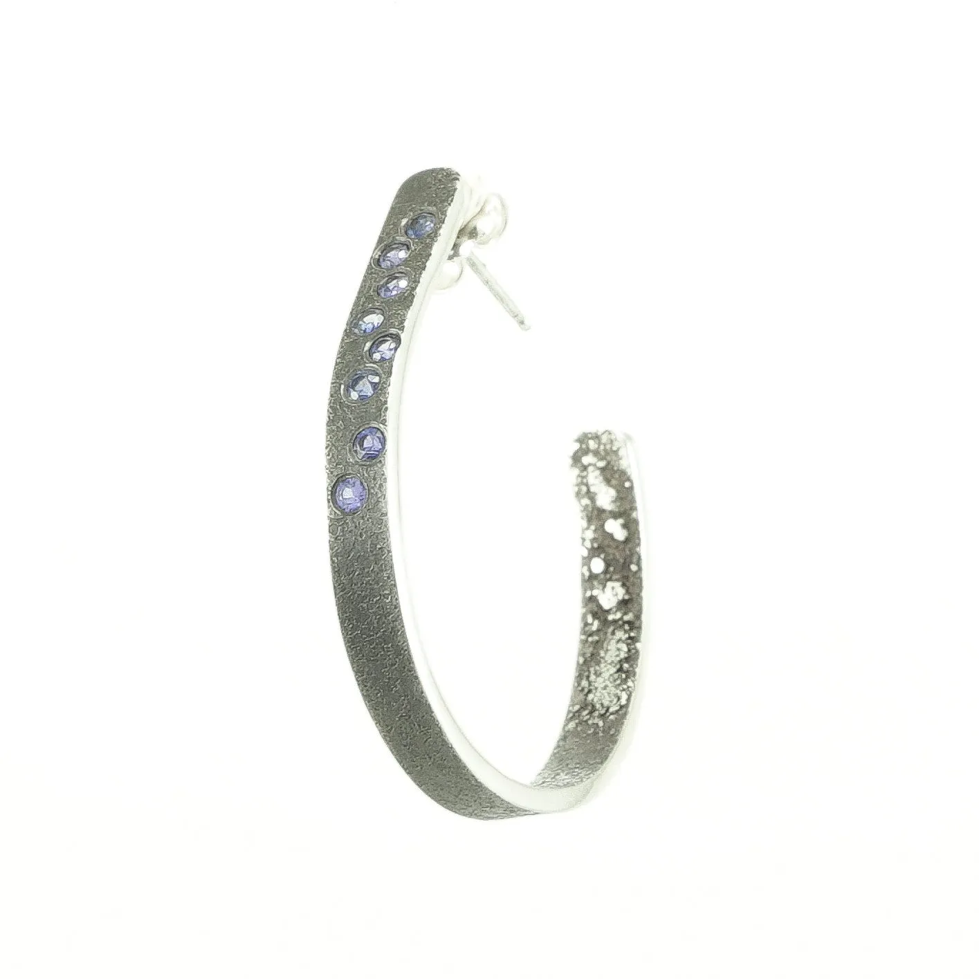 Sterling Silver Organic Hoop Earrings with Flush Set Sapphires