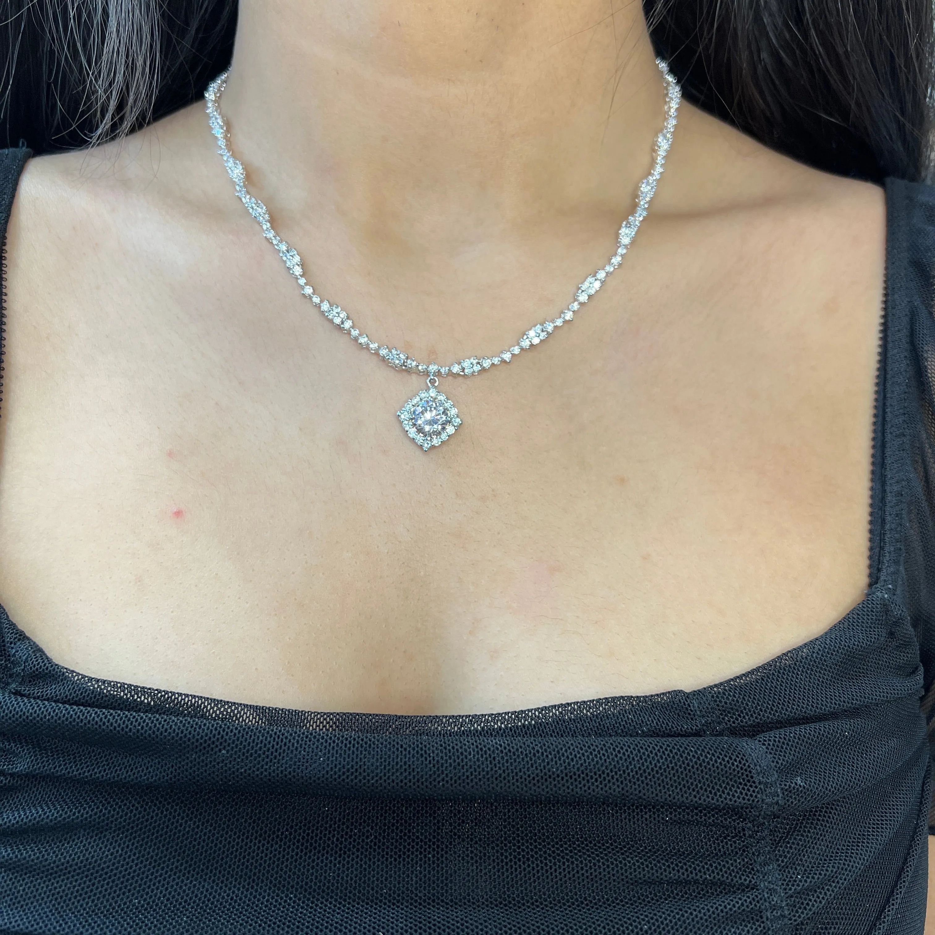 Sterling Silver Rhodium Plated Fancy CZ Halo Dangle Necklace