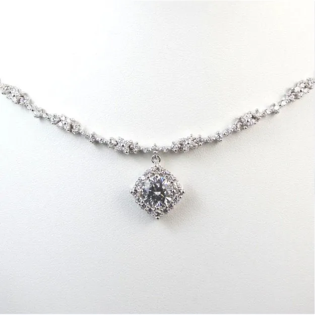 Sterling Silver Rhodium Plated Fancy CZ Halo Dangle Necklace