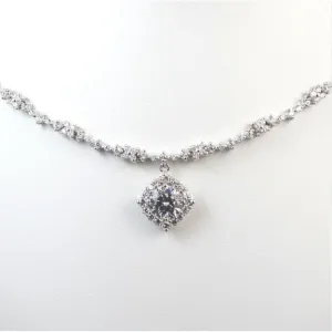 Sterling Silver Rhodium Plated Fancy CZ Halo Dangle Necklace
