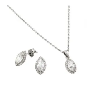 Sterling Silver Rhodium Plated Marquise Shaped Halo CZ Earring and Necklace Set