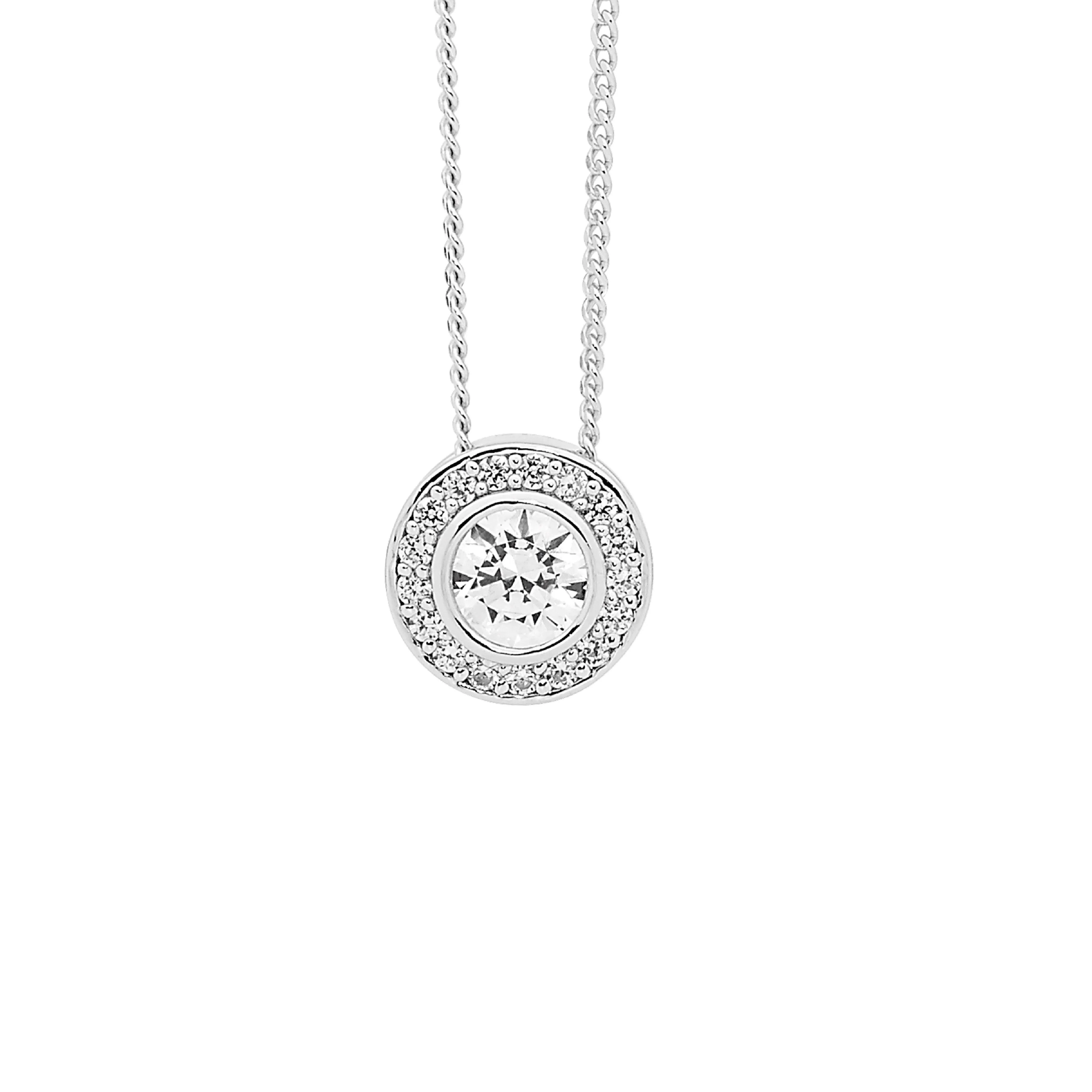 Sterling Silver Round Cubic Zirconia Pendant With Halo P720W