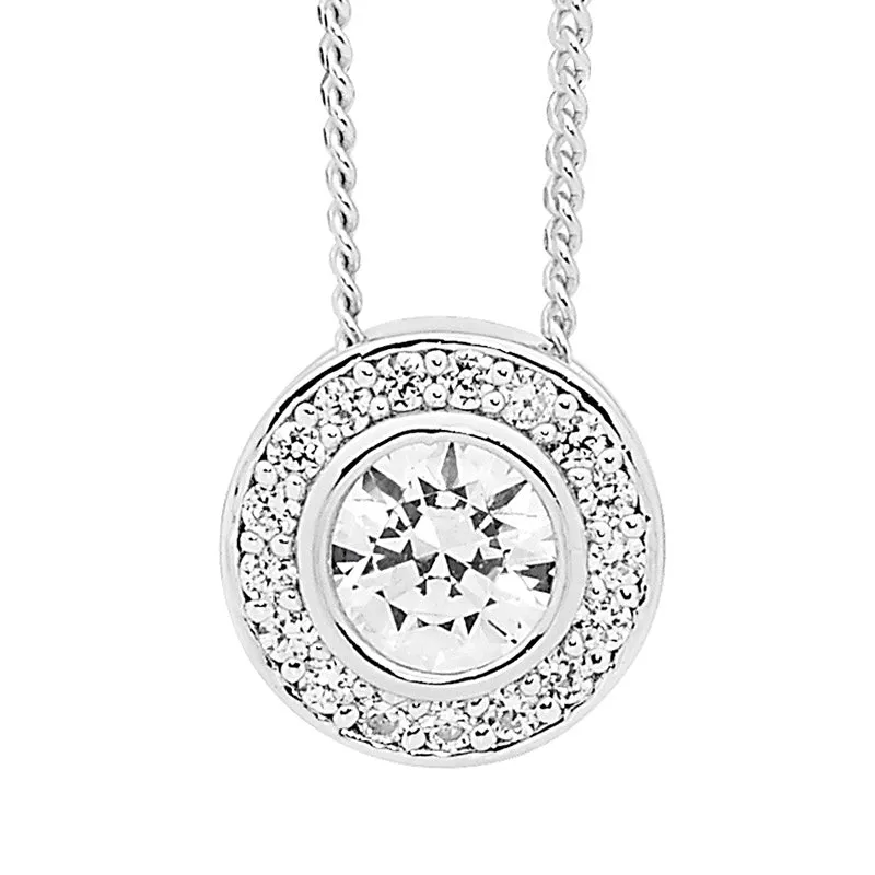 Sterling Silver Round Cubic Zirconia Pendant With Halo P720W