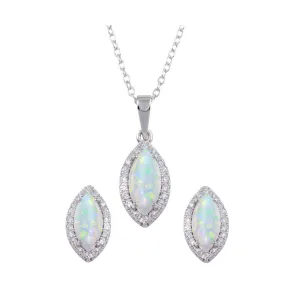 Sterling Silver Synthetic Marquise Opal and Clear Halo CZ Necklace and Earring Set