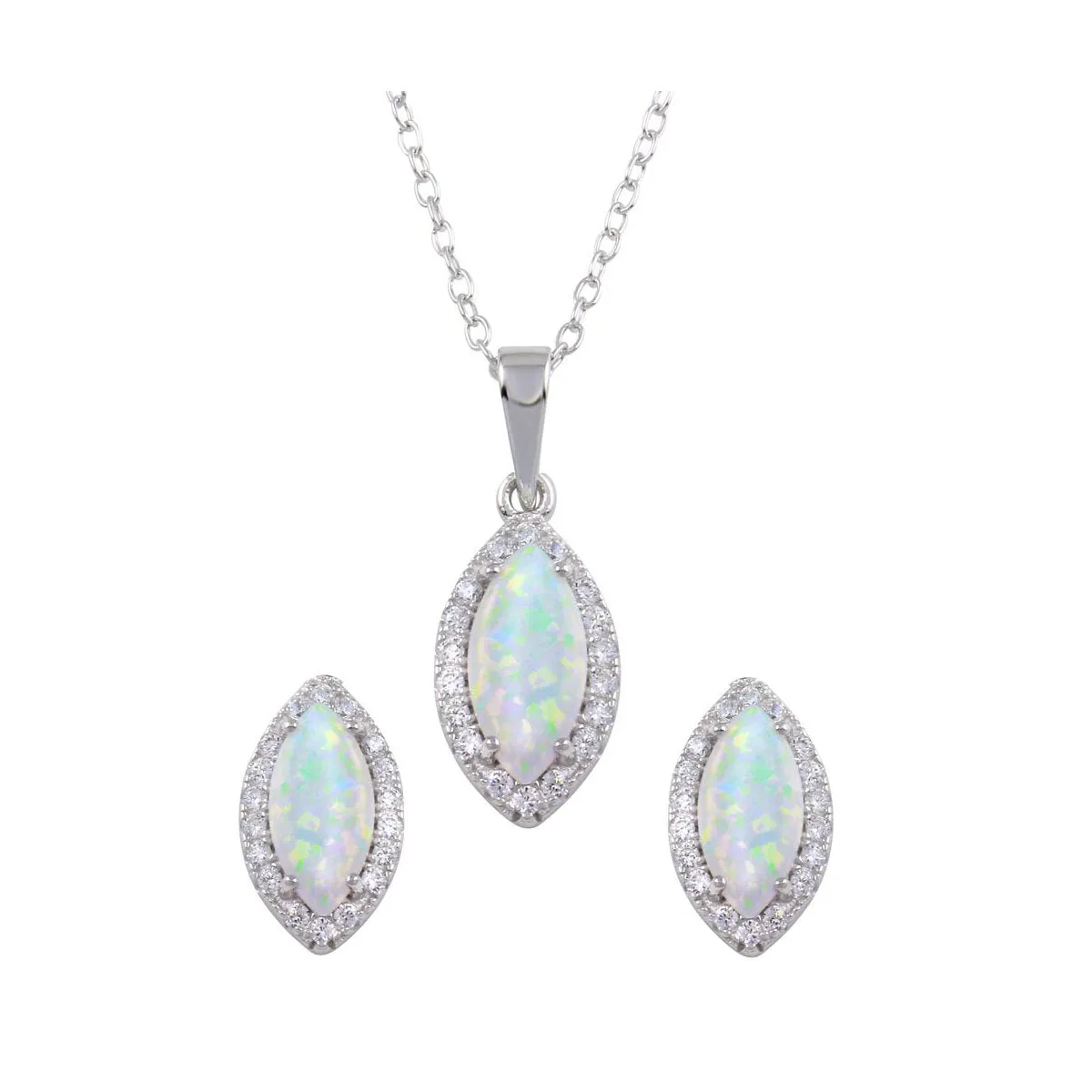 Sterling Silver Synthetic Marquise Opal and Clear Halo CZ Necklace and Earring Set