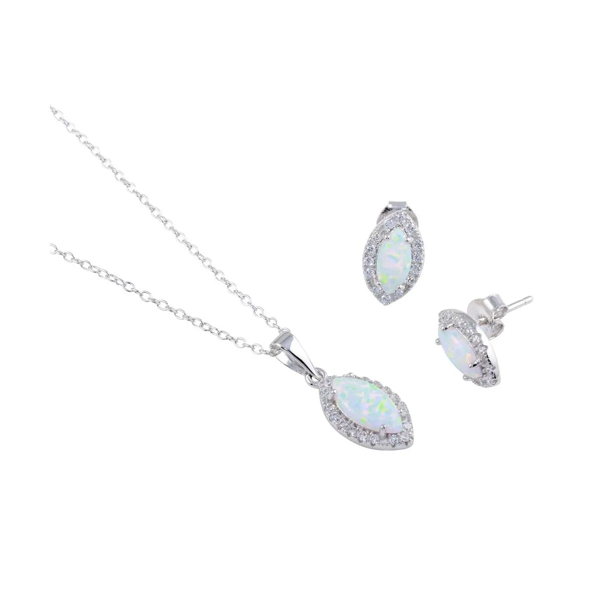 Sterling Silver Synthetic Marquise Opal and Clear Halo CZ Necklace and Earring Set