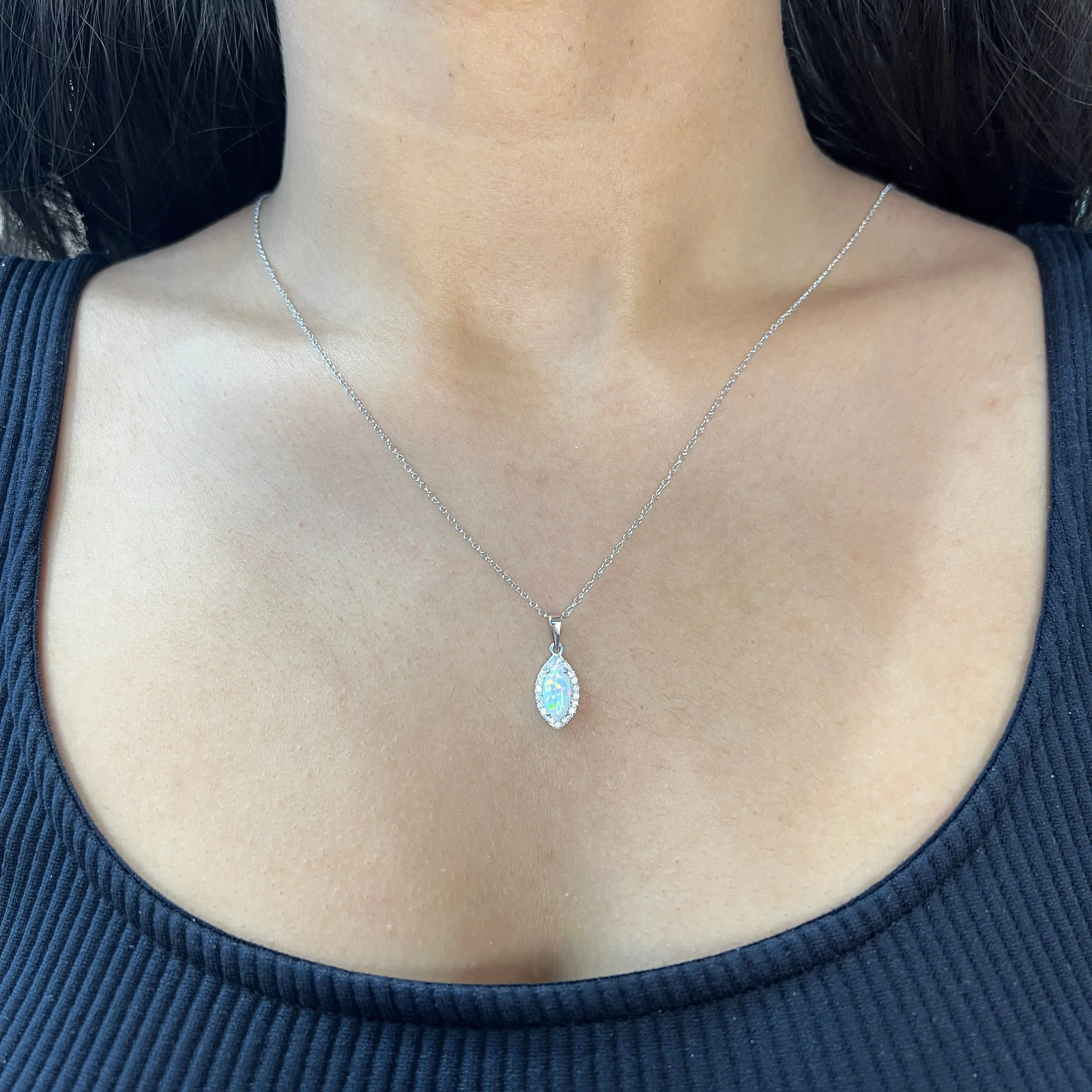 Sterling Silver Synthetic Marquise Opal and Clear Halo CZ Necklace and Earring Set