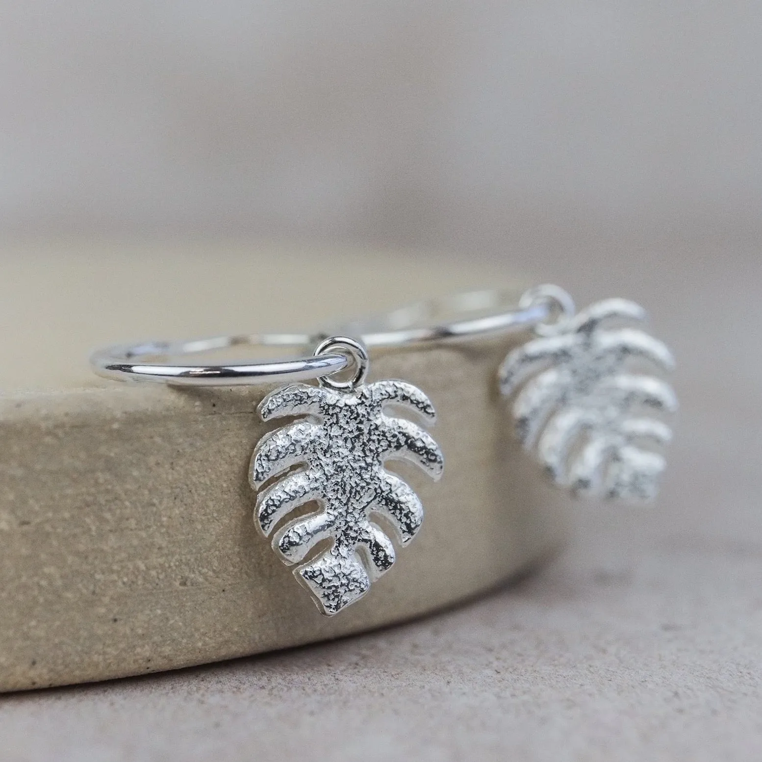 Sterling Silver Textured Charm Hoops - Monstera
