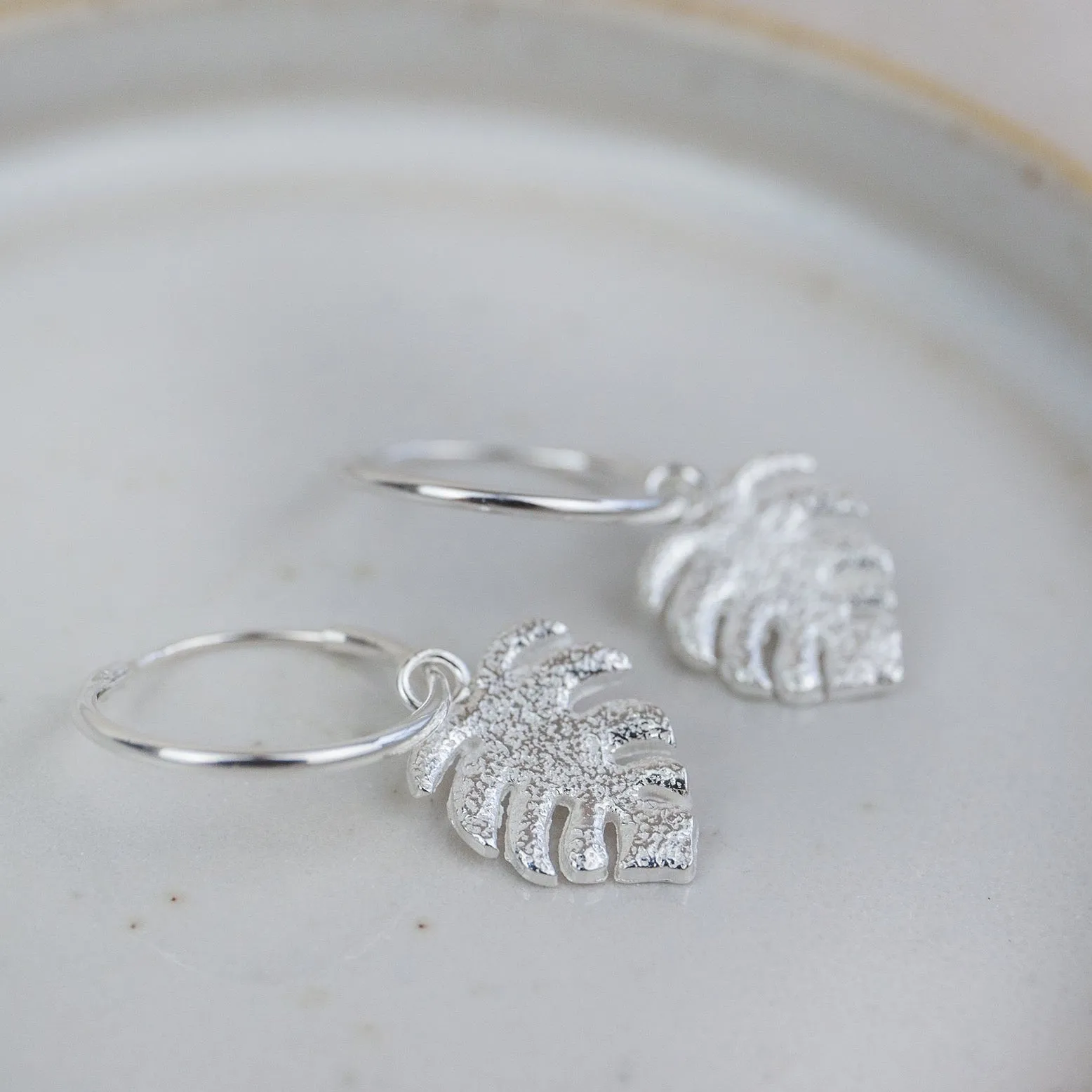 Sterling Silver Textured Charm Hoops - Monstera