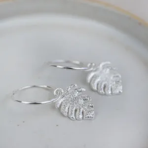 Sterling Silver Textured Charm Hoops - Monstera