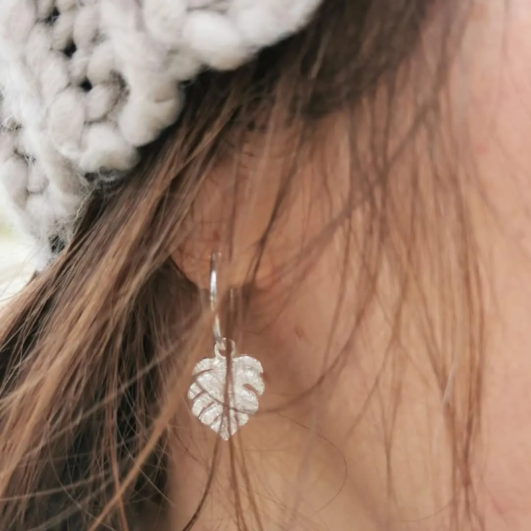 Sterling Silver Textured Charm Hoops - Monstera
