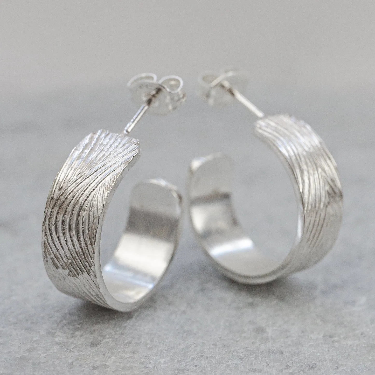 Sterling Silver Textured Hoops - Wood Grain Texture
