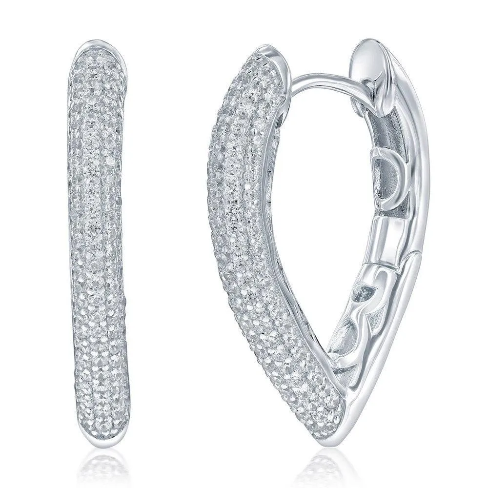 Sterling Silver, 'V' Shaped Pave CZ Hoop Earrings