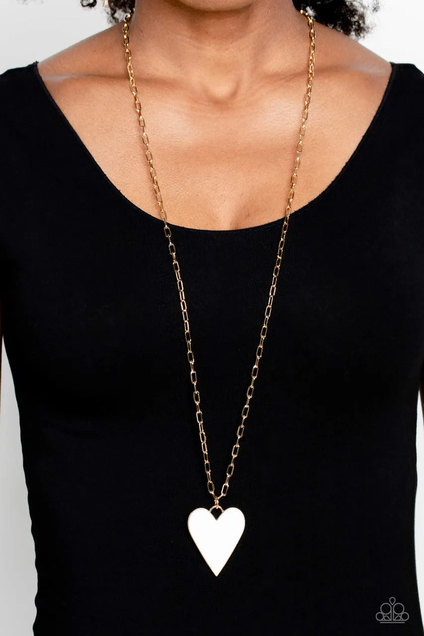 Subtle Soulmate - Gold - White Elongated Heart Paperclip Chain Paparazzi Long Necklace