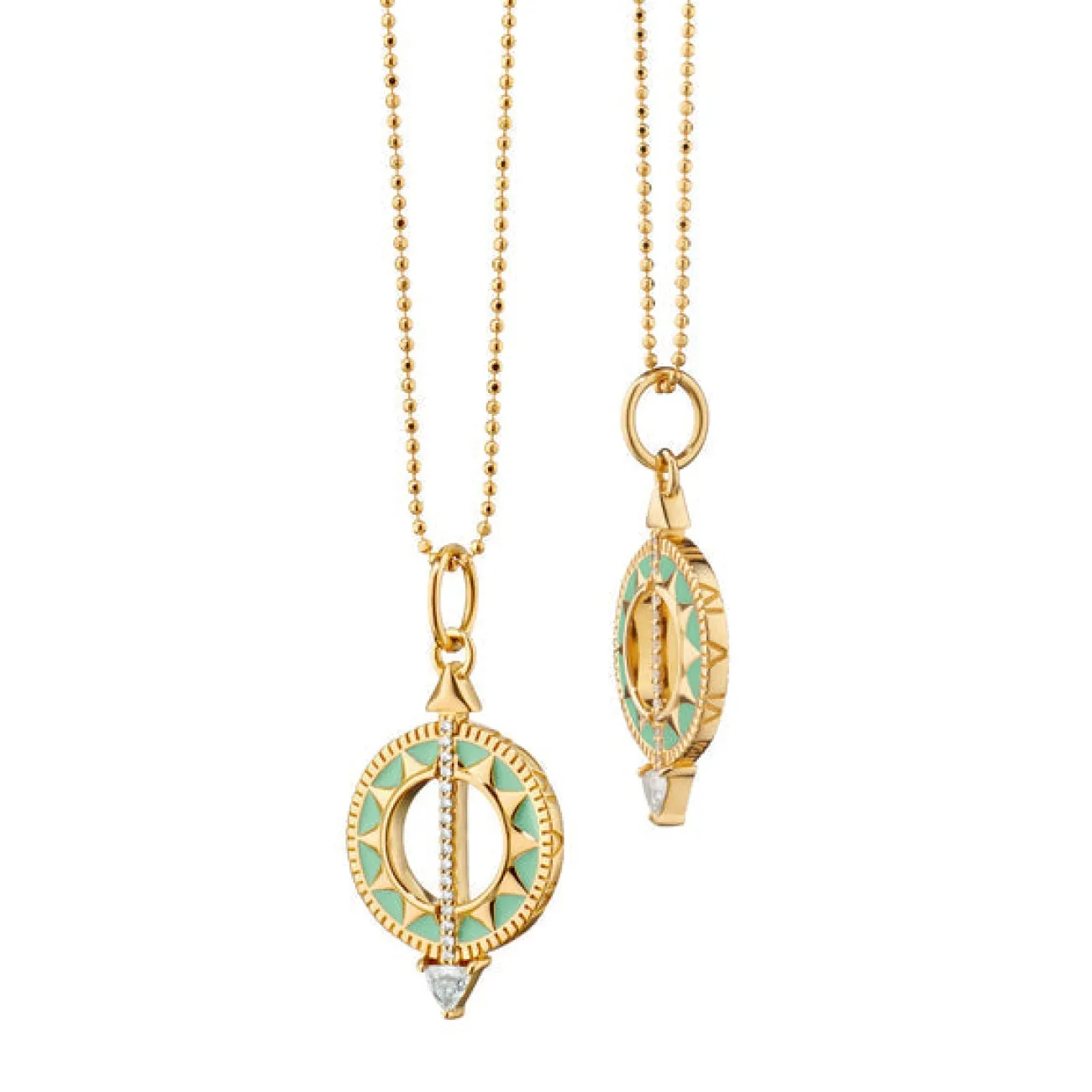 Sundial 18K Yellow Gold Green Enamel & Diamond Small Necklace