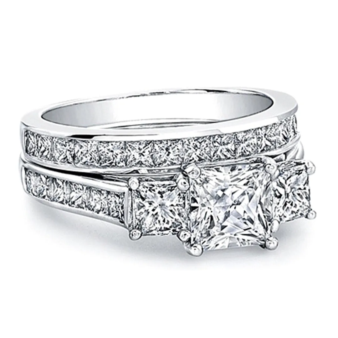 Three Stone Princess Cut Engagement Ring w/ Channel Set Princess Sidestones
