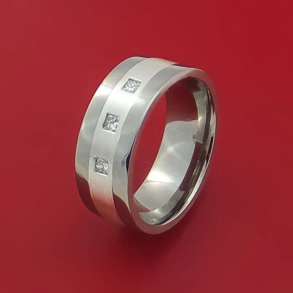 Titanium Ring with Silver Inlay and Princess Cut Diamonds Custom Made Wedding Band