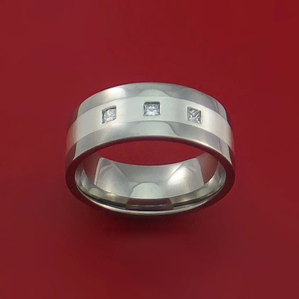 Titanium Ring with Silver Inlay and Princess Cut Diamonds Custom Made Wedding Band