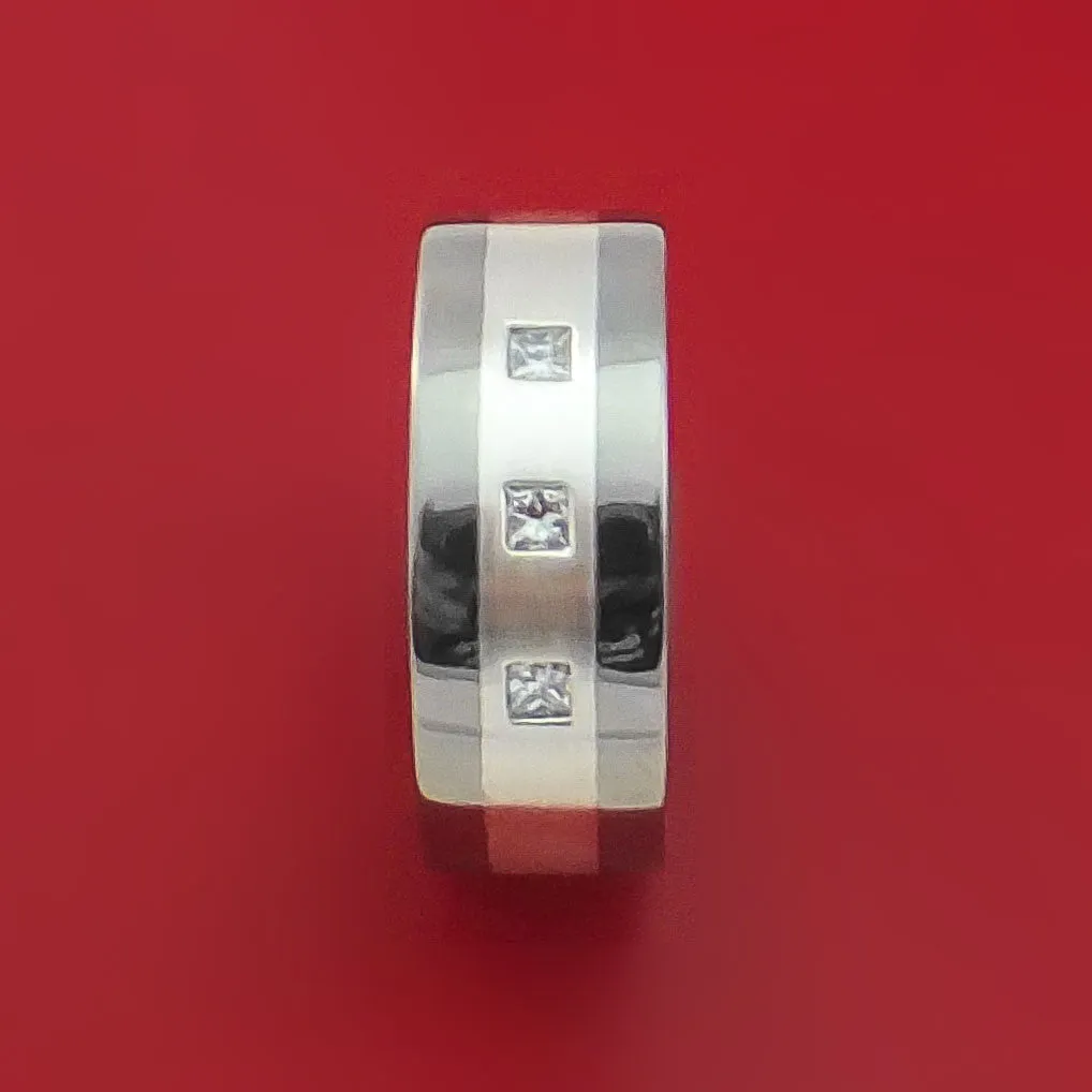 Titanium Ring with Silver Inlay and Princess Cut Diamonds Custom Made Wedding Band