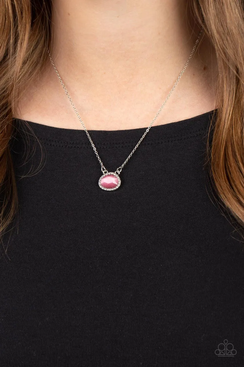 Treasure Me Always - Pink - Imperfect Oval Gem with White Rhinestone Halo Paparazzi Short Necklace