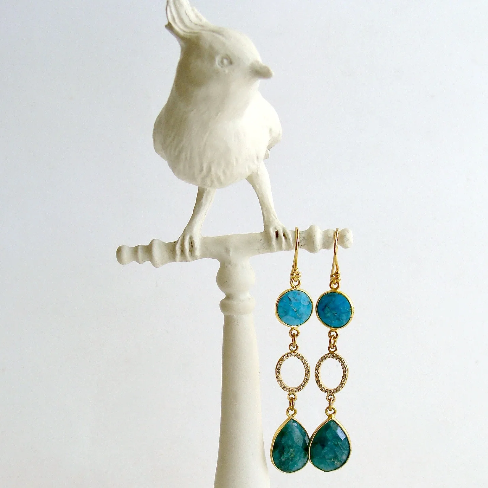 Turquoise Green Sapphire Pave White Topaz Duster Earrings - Allie Earrings
