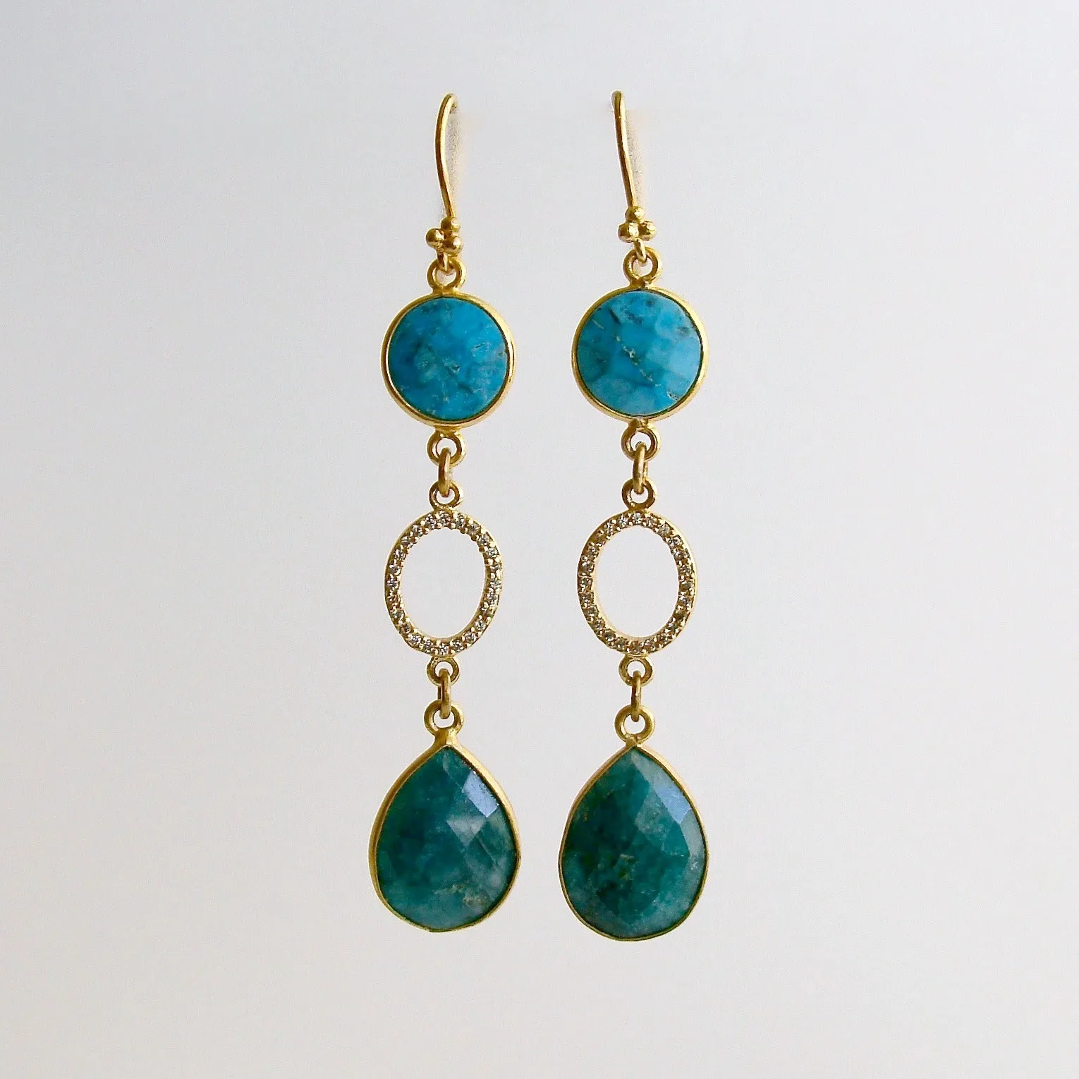 Turquoise Green Sapphire Pave White Topaz Duster Earrings - Allie Earrings