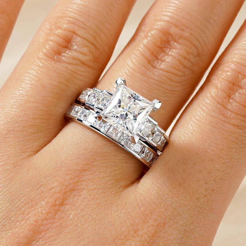 Unique Cinderella Staircase Princess Cut Moissanite Couple's Ring Set with Men's Wedding Band