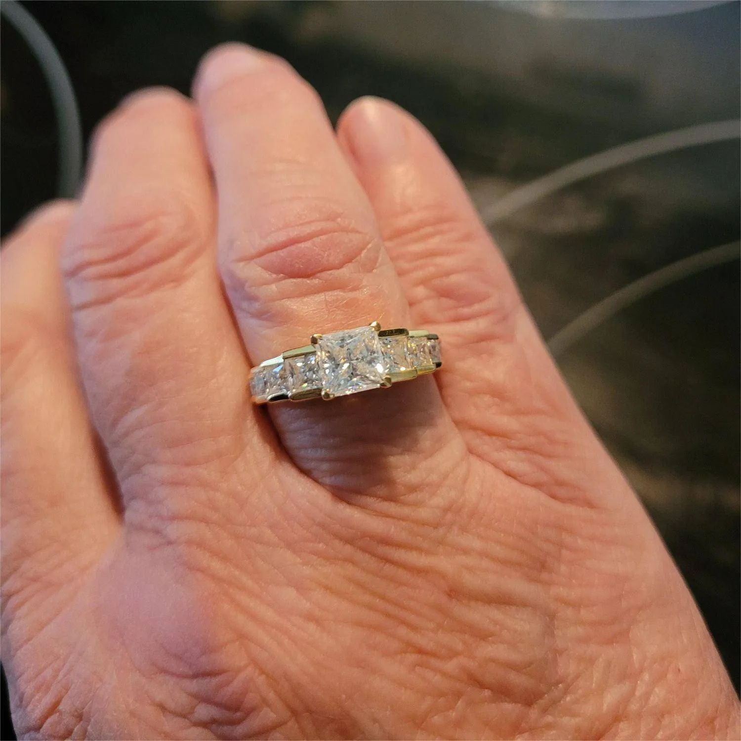 Unique Cinderella Staircase Princess Cut Moissanite Couple's Ring Set with Men's Wedding Band