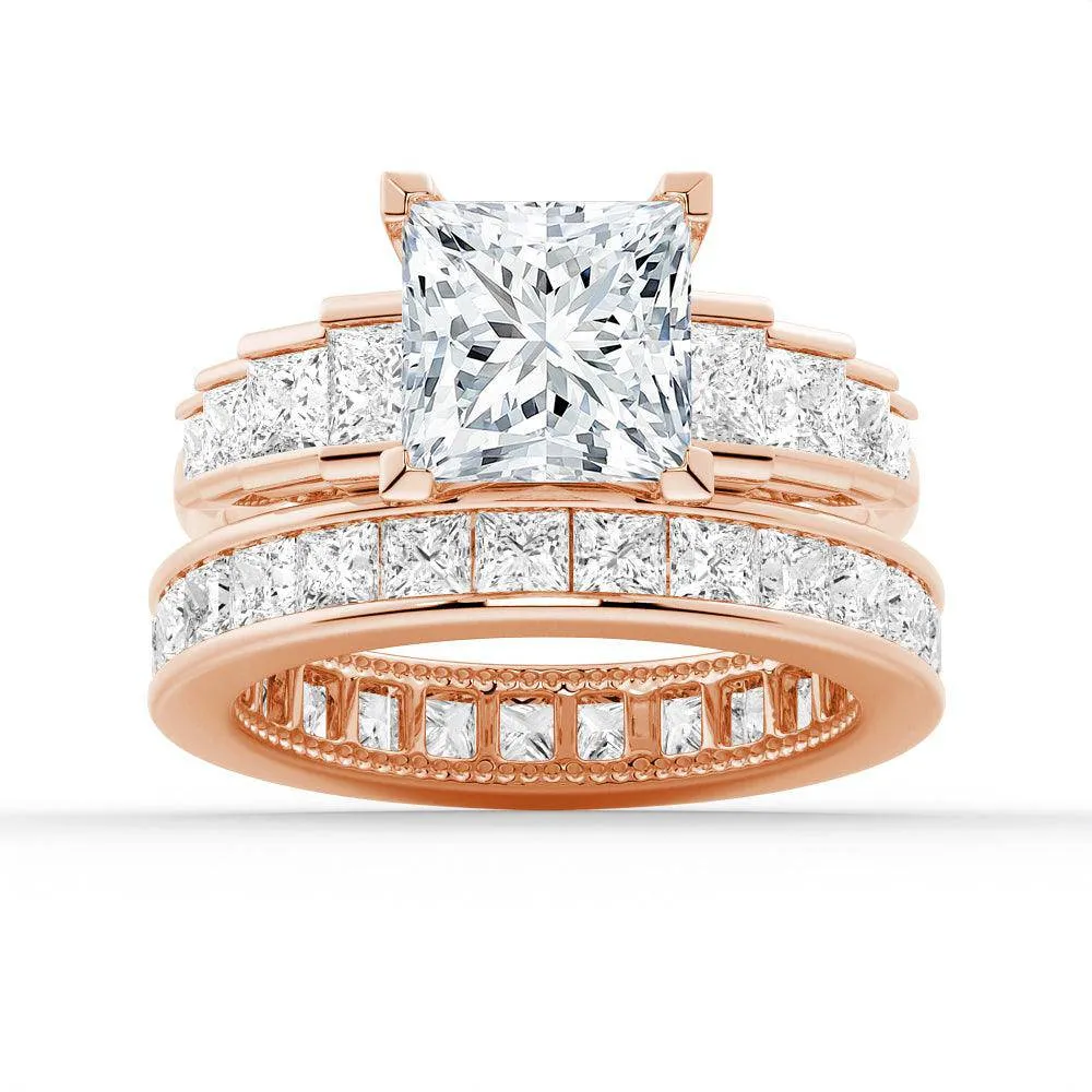 Unique Cinderella Staircase Princess Cut Moissanite Couple's Ring Set with Men's Wedding Band