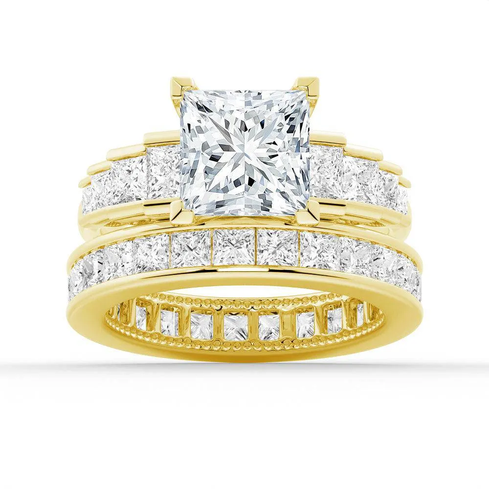 Unique Cinderella Staircase Princess Cut Moissanite Couple's Ring Set with Men's Wedding Band