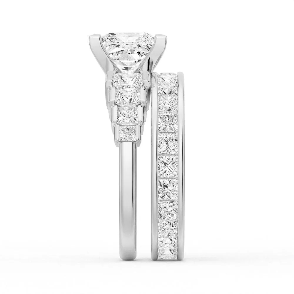 Unique Cinderella Staircase Princess Cut Moissanite Couple's Ring Set with Men's Wedding Band