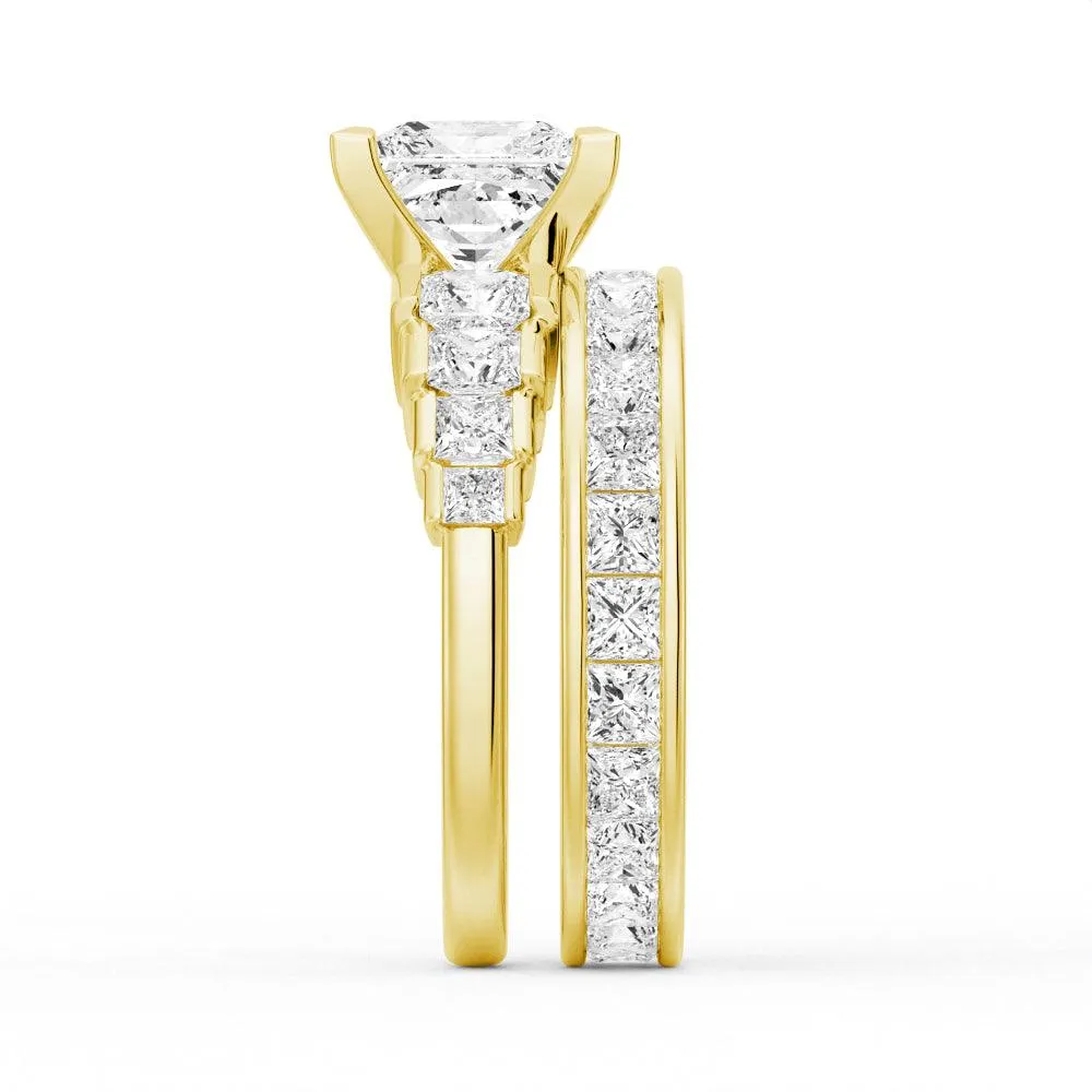 Unique Cinderella Staircase Princess Cut Moissanite Couple's Ring Set with Men's Wedding Band
