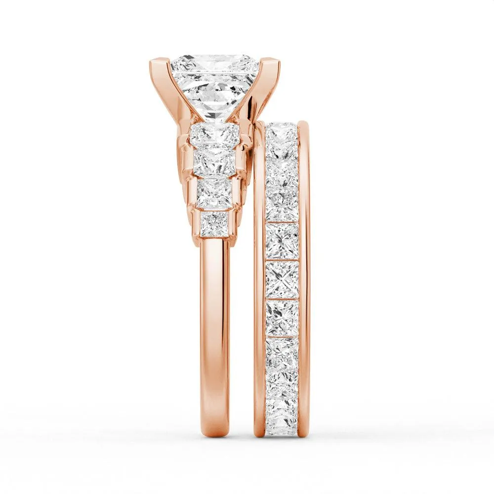Unique Cinderella Staircase Princess Cut Moissanite Couple's Ring Set with Men's Wedding Band