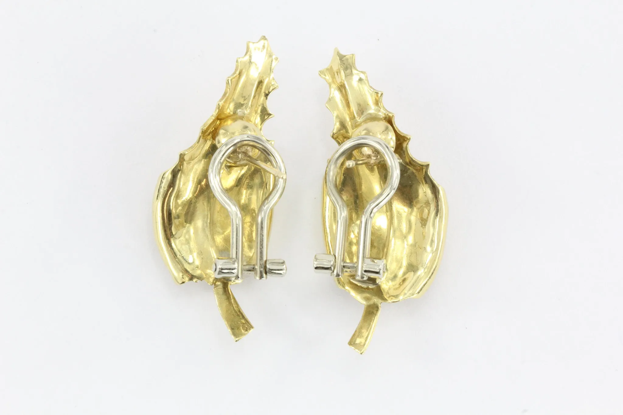 Vintage Mid Century Hollywood Regency 18K Gold & Sapphire Figural Leaf Earrings