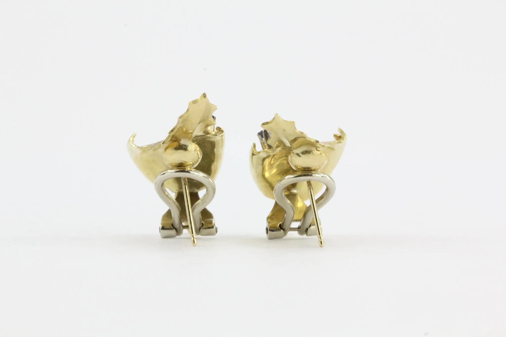 Vintage Mid Century Hollywood Regency 18K Gold & Sapphire Figural Leaf Earrings