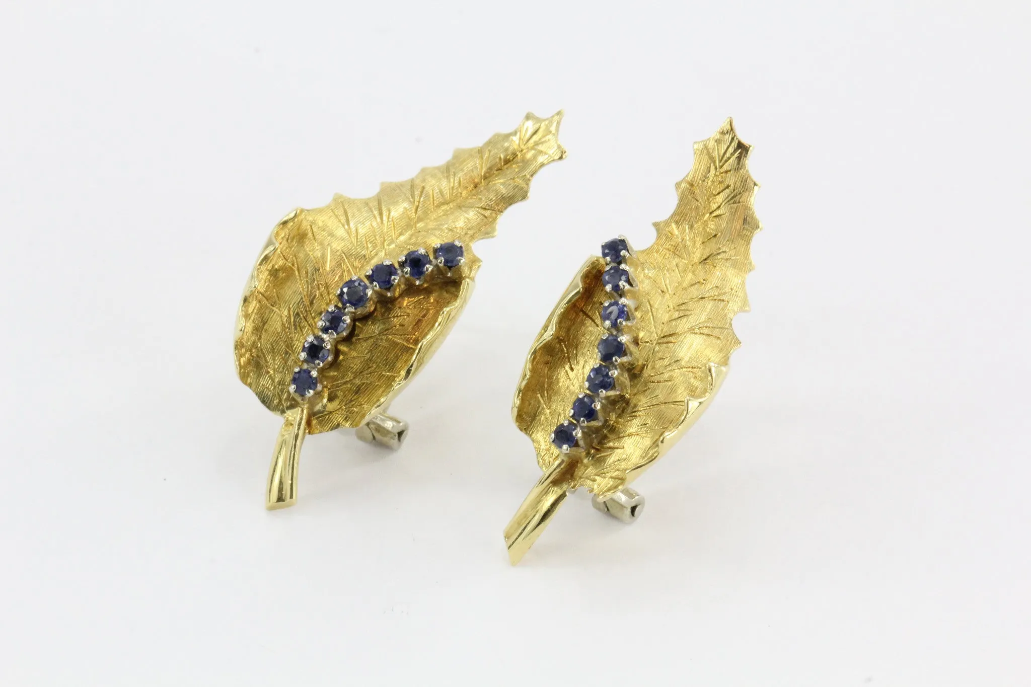 Vintage Mid Century Hollywood Regency 18K Gold & Sapphire Figural Leaf Earrings