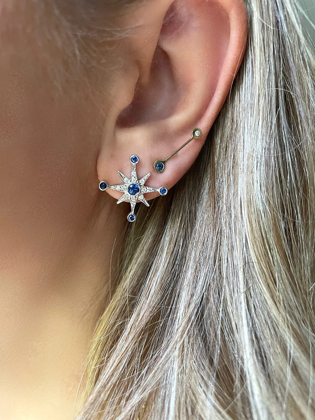 White Gold Diamond Sapphire Compass Studs
