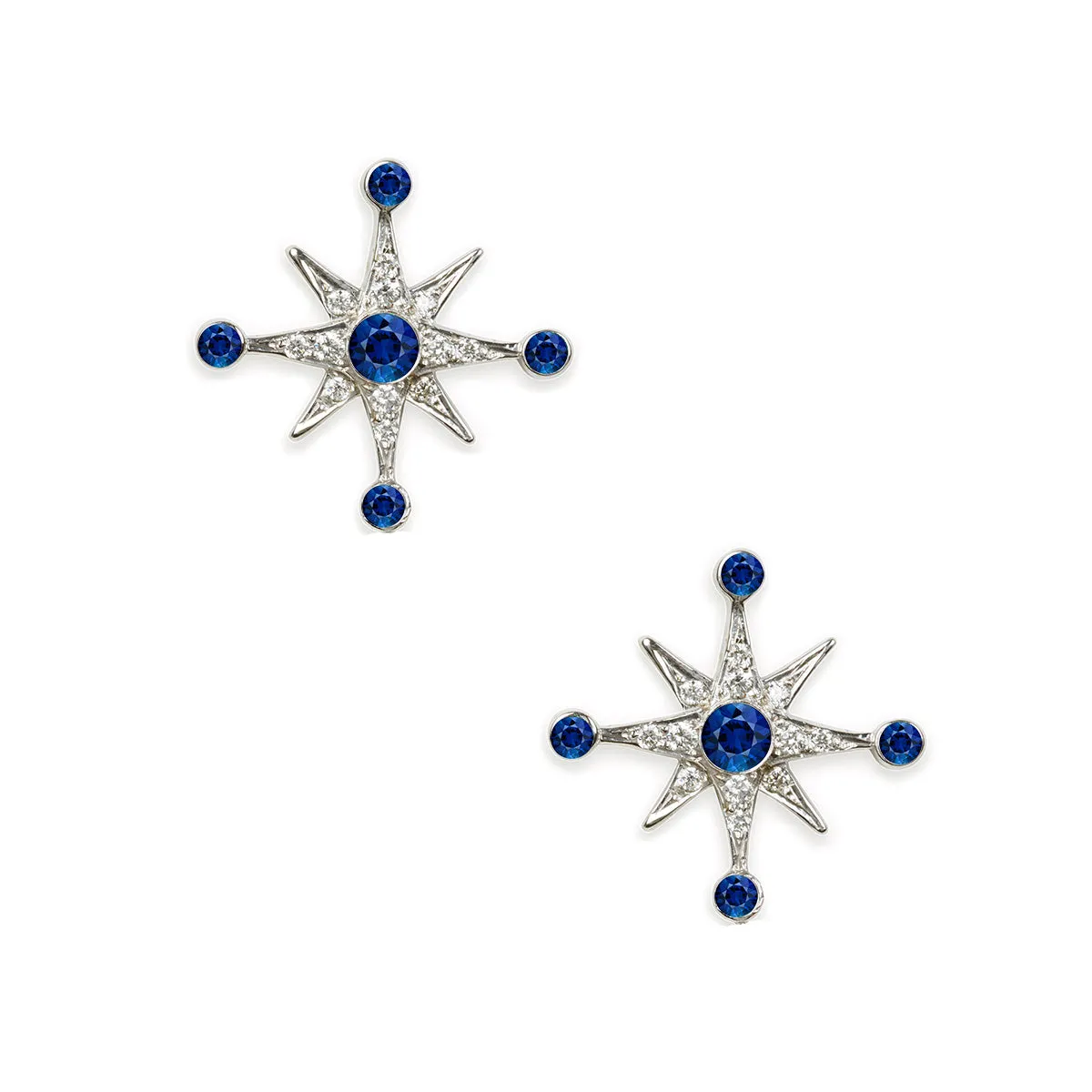 White Gold Diamond Sapphire Compass Studs