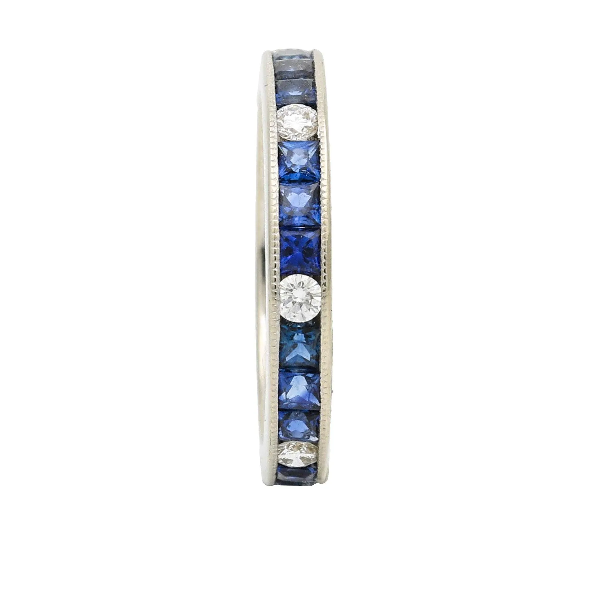 Women's Blue Sapphire Diamond Channel Set Anniversary Band 18k White Gold Ring