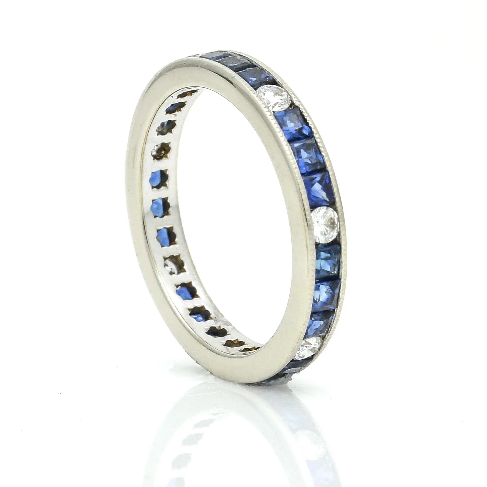 Women's Blue Sapphire Diamond Channel Set Anniversary Band 18k White Gold Ring