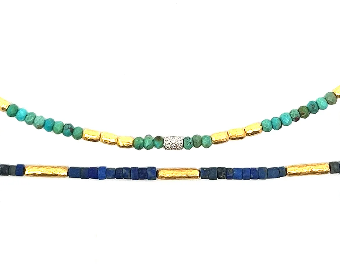 Yellow gold bead necklace with lapis lazuli or turquois and diamonds