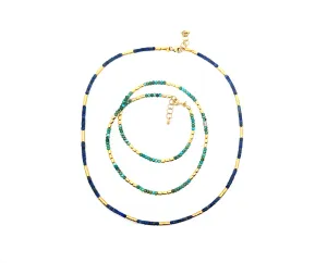 Yellow gold bead necklace with lapis lazuli or turquois and diamonds
