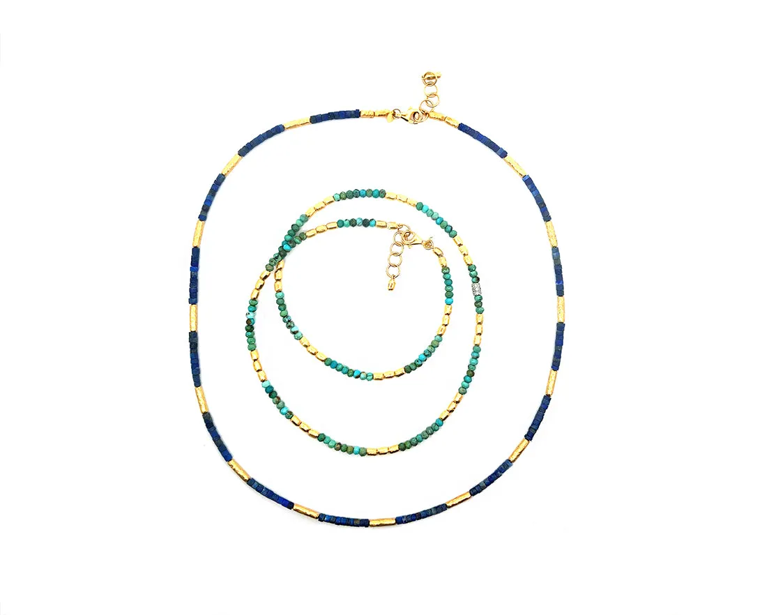 Yellow gold bead necklace with lapis lazuli or turquois and diamonds